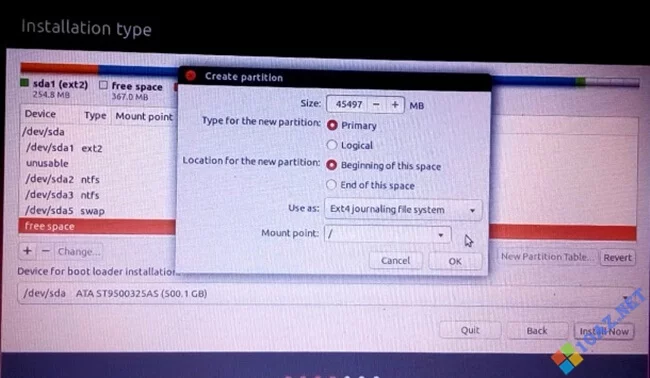 Hướng dẫn cài Ubuntu song song Win 10 chỉ vài bước 12 Tiếp tục điền thông số Ext4